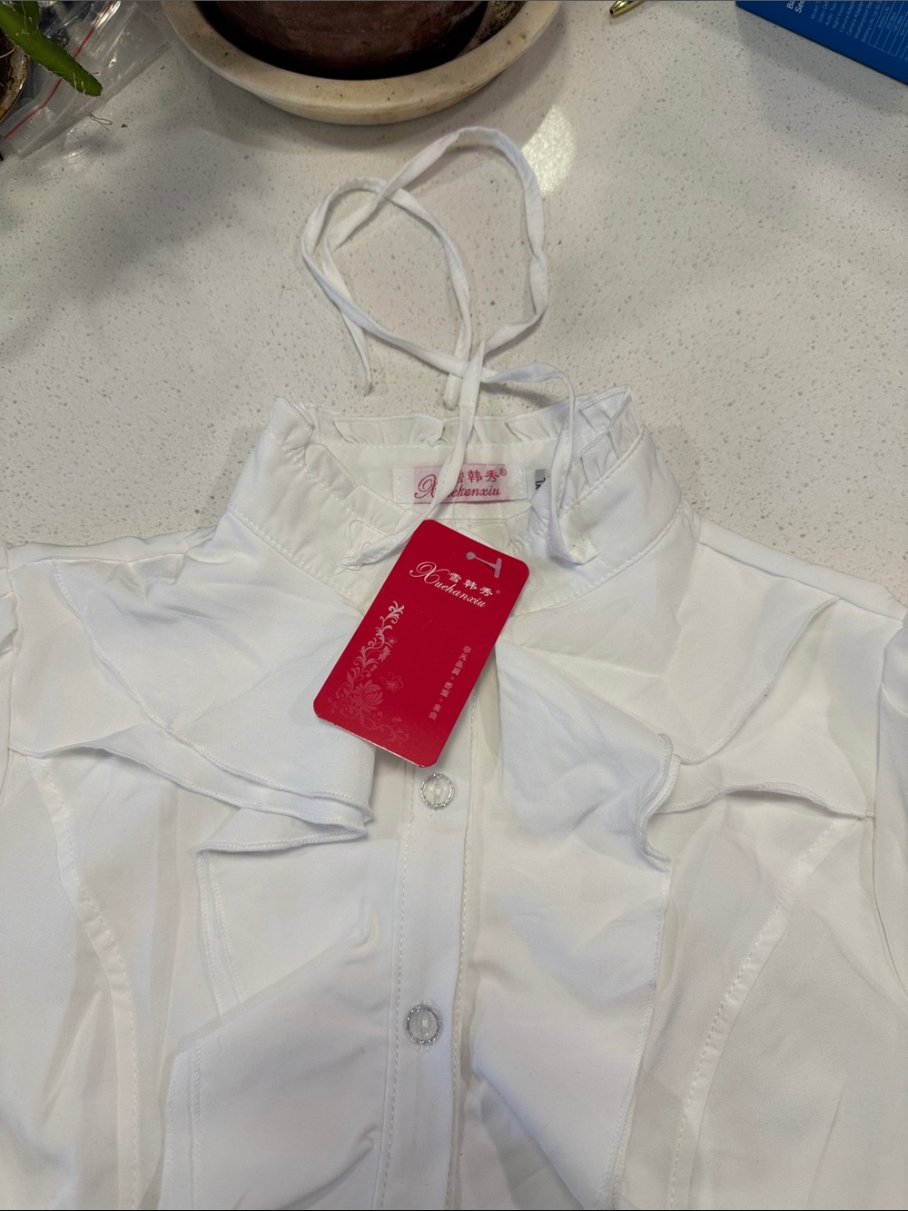 Women's White Ruffled High-Neck Button Front Top
